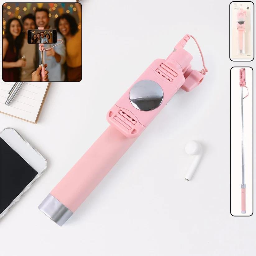 Wired Selfie Stick 1Pc MULTICOLOR with Rearview Mirror & Built-In Shutter Button