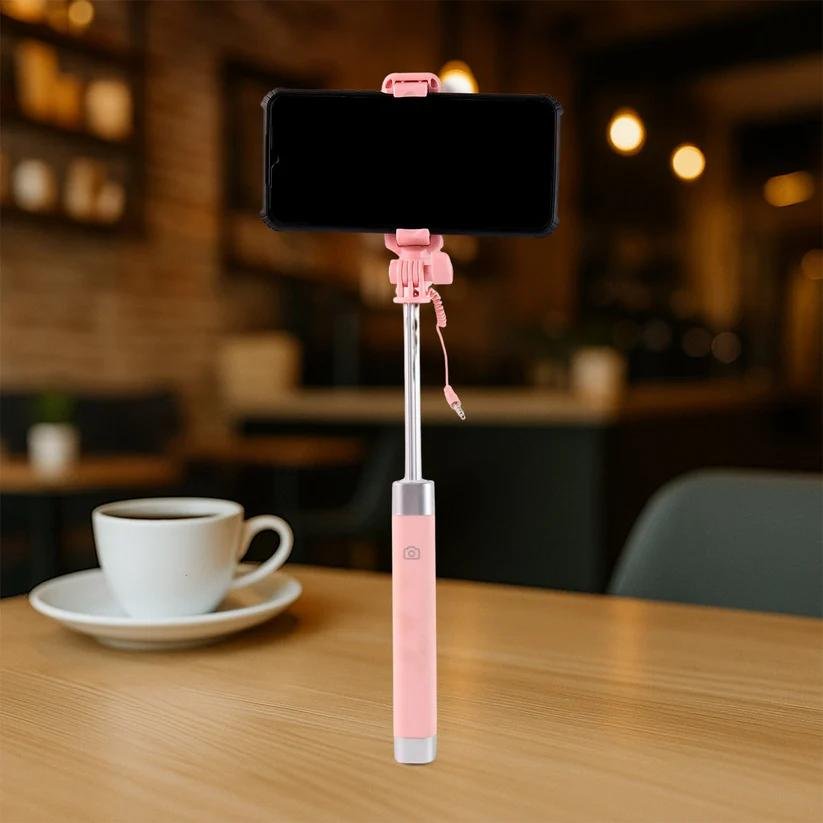 Wired Selfie Stick 1Pc MULTICOLOR with Rearview Mirror & Built-In Shutter Button - Image 2