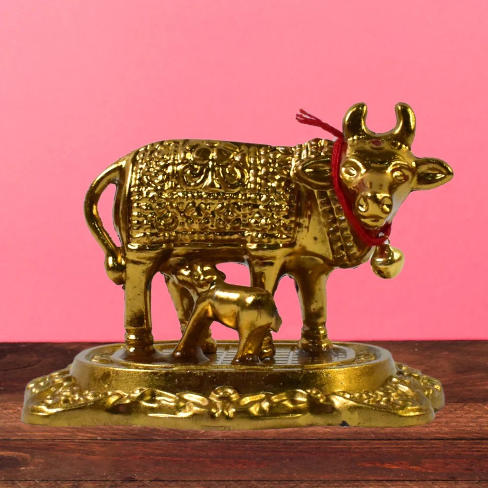 Metal golden kamdhenu cow with calf (1 pc) - Image 3