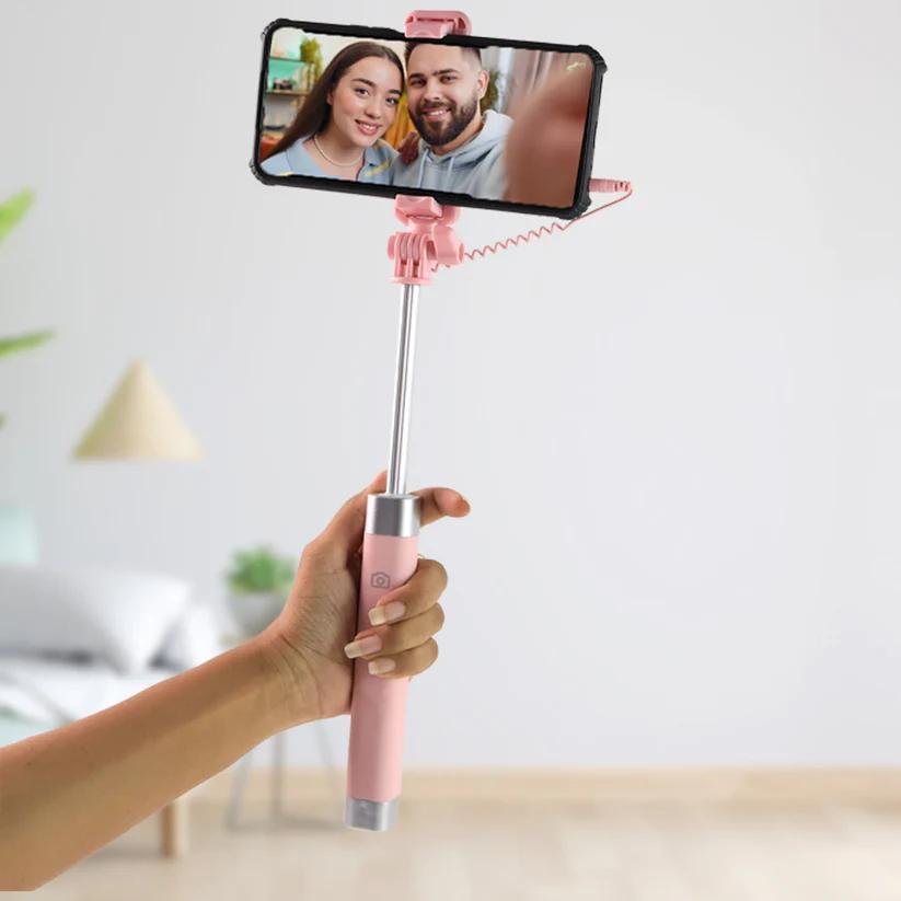 Wired Selfie Stick 1Pc MULTICOLOR with Rearview Mirror & Built-In Shutter Button - Image 4