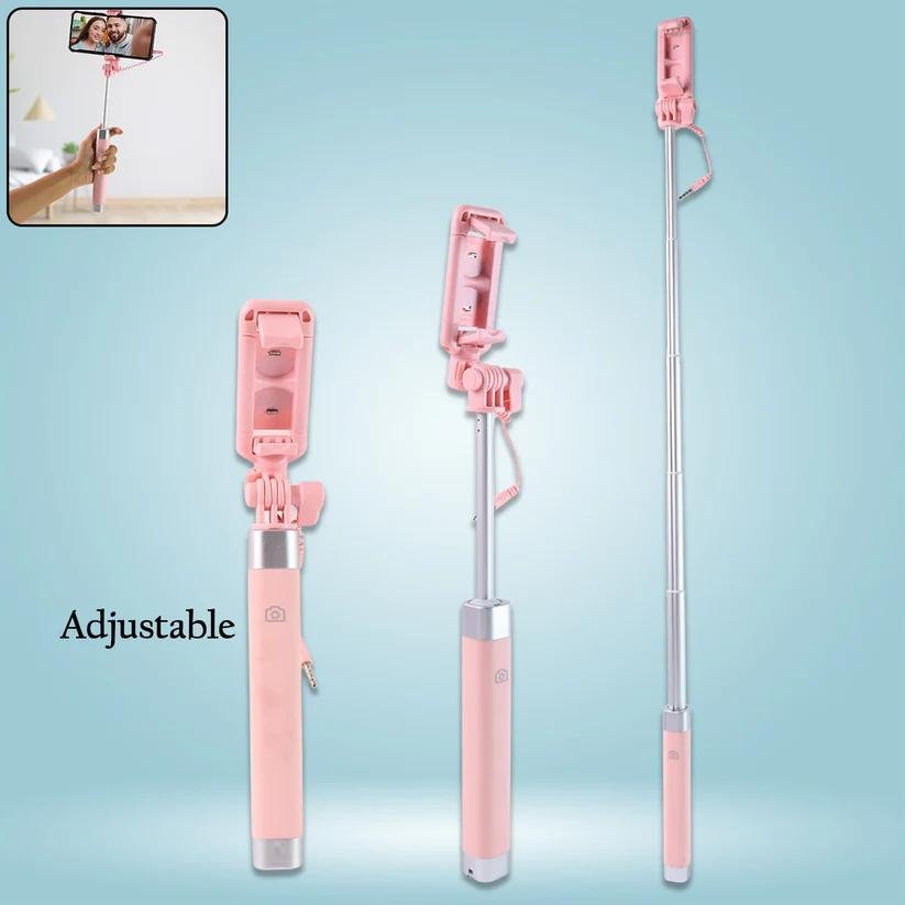 Wired Selfie Stick 1Pc MULTICOLOR with Rearview Mirror & Built-In Shutter Button - Image 5