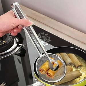 2-in-1 Stainless Steel Fry Tool Filter Spoon with Clip 1Pc | Multi-Functional Strainer Tong for Oil Frying, BBQ & Cooking | Mesh Skimmer Clamp for Kitchen Use