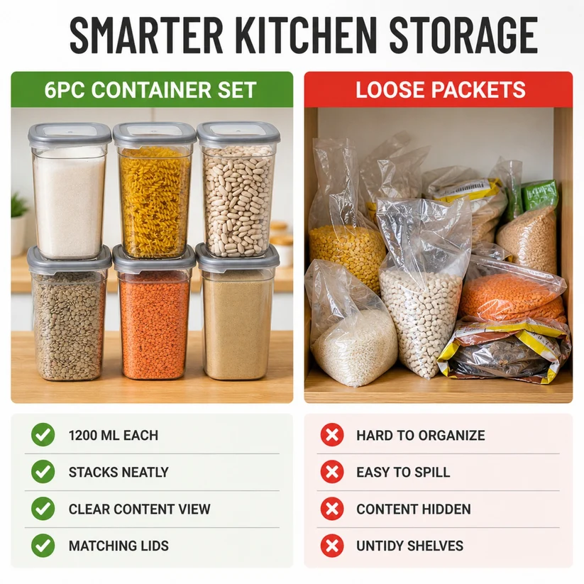 SET OF 6 Airtight Kitchen Storage Containers | 1200ml EACH | Pack of 6 BPA-free plastic containers help organize pulses, grains and pantry essentials for convenient everyday storage - Image 6