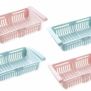 Expandable Fridge Storage Basket 4Pc Adjustable Sliding Drawer Organizer, Refrigerator Storage Box for Kitchen, Space Saving Pull-Out Shelf with Ventilation Holes