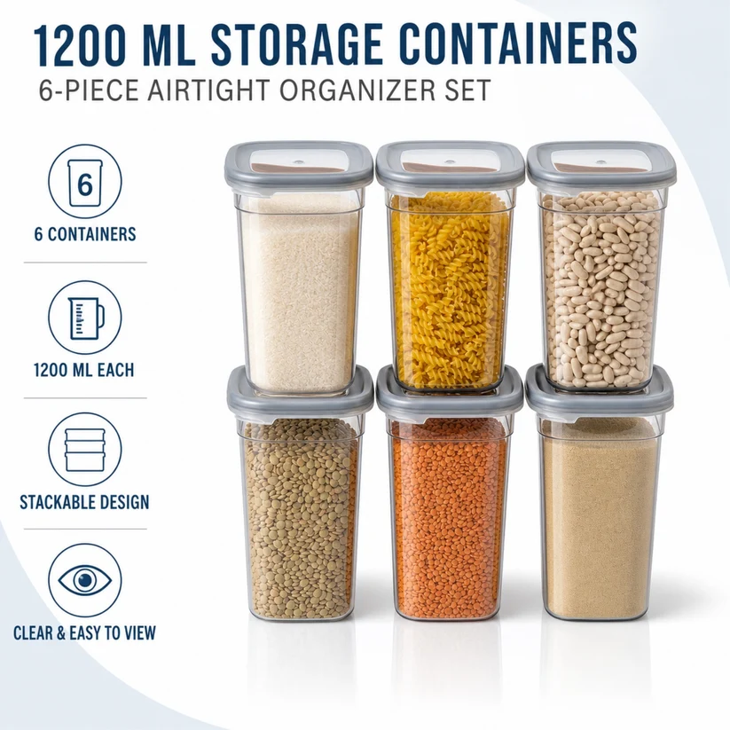 SET OF 6 Airtight Kitchen Storage Containers | 1200ml EACH | Pack of 6 BPA-free plastic containers help organize pulses, grains and pantry essentials for convenient everyday storage - Image 14