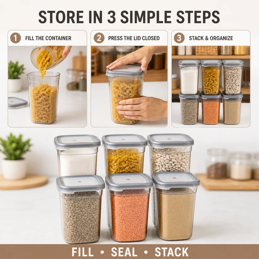SET OF 6 Airtight Kitchen Storage Containers | 1200ml EACH | Pack of 6 BPA-free plastic containers help organize pulses, grains and pantry essentials for convenient everyday storage - Image 5