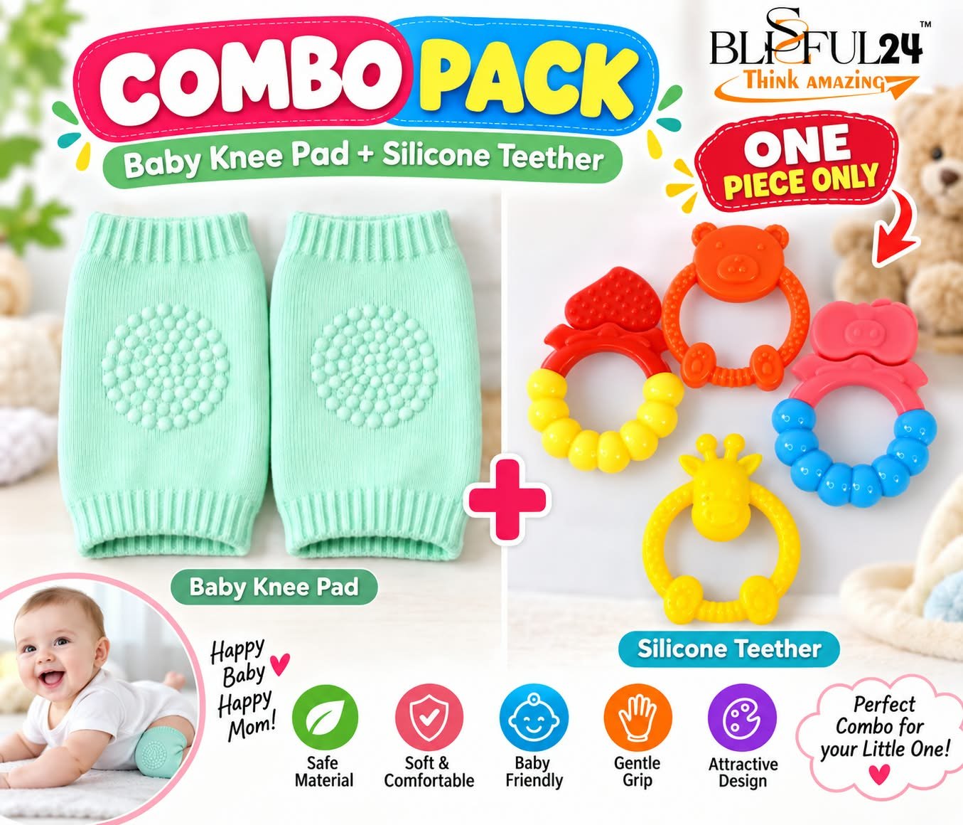 Blissful24 ELEGANT Baby Knee Pad 1 PAIR + Silicone Teether Combo Pack 1 Pc