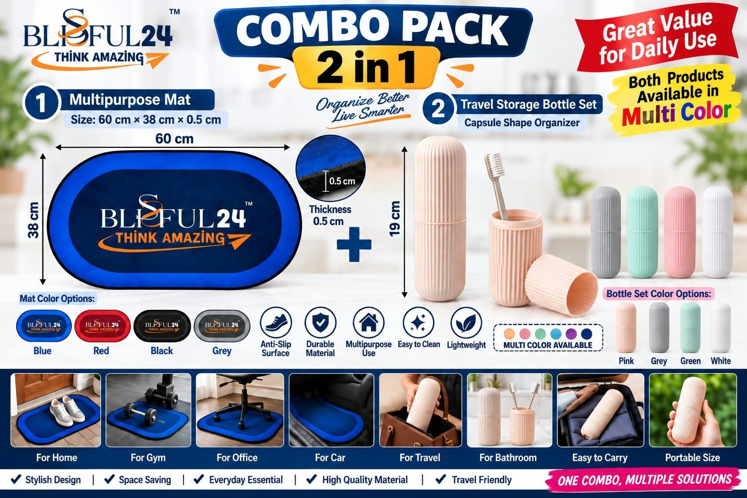 BLISSFUL24 ELEGANT 2-in-1 Multipurpose Mat & Travel Bottle Combo