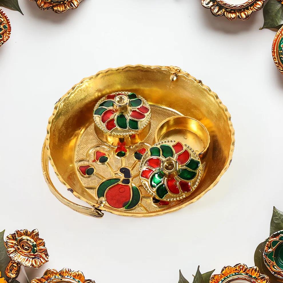 Peacock Meenakari Haldi 1Pc Kumkum Pooja Tray
