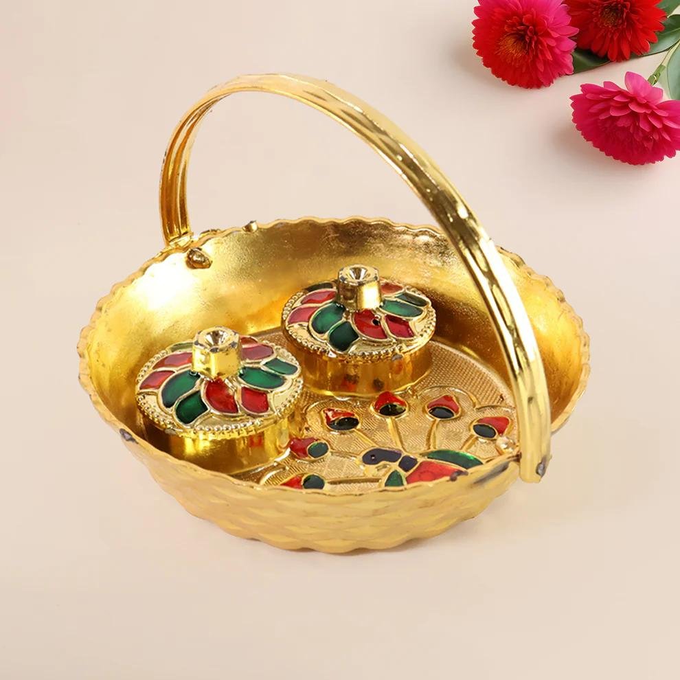 Peacock Meenakari Haldi 1Pc Kumkum Pooja Tray - Image 2