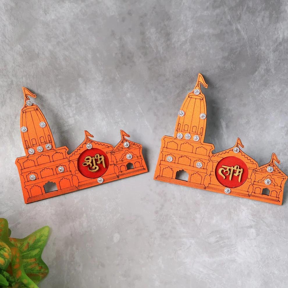 Ram Mandir-themed 2Pc Shubh Labh Wall Hanging Adhesive Sticker Set.
