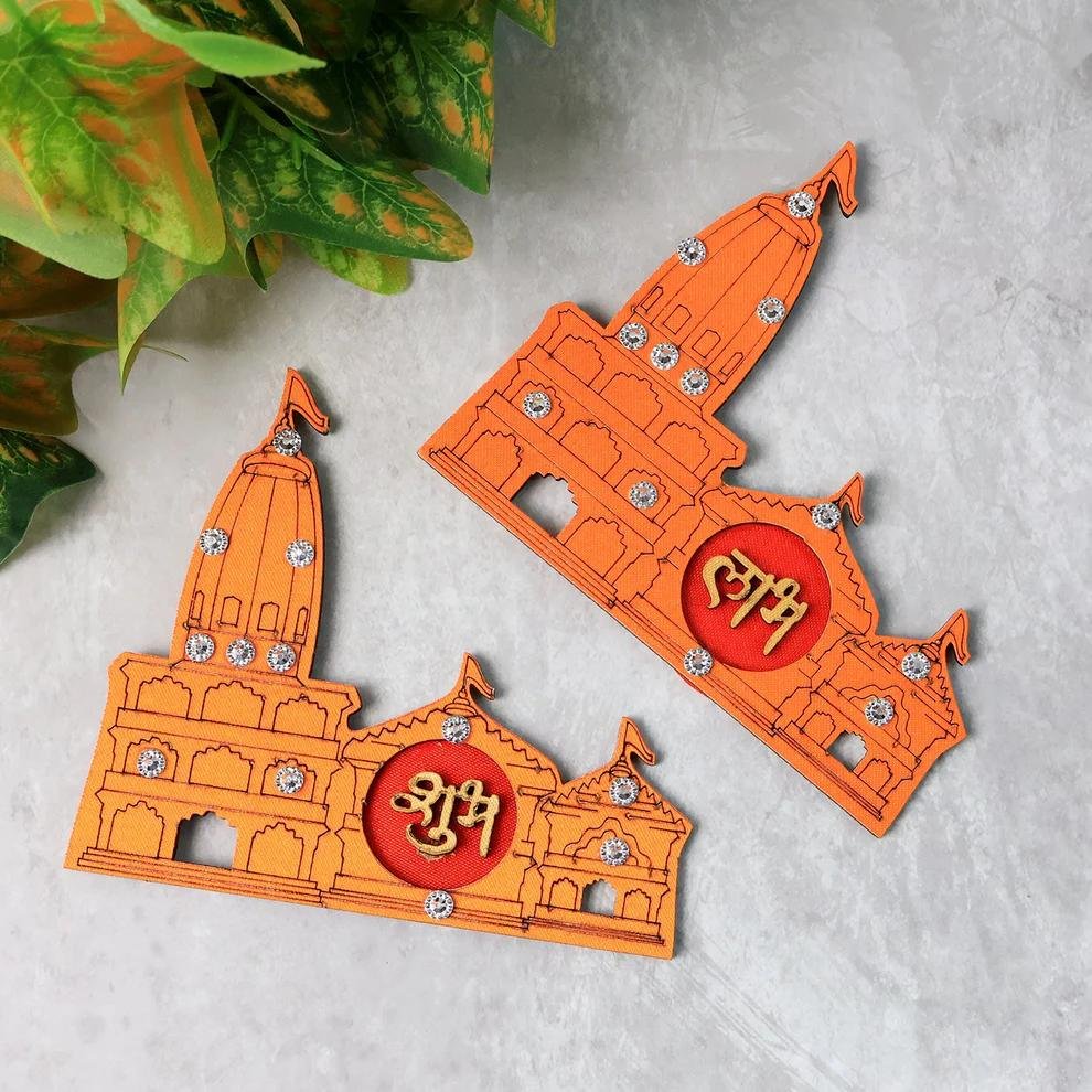 Ram Mandir-themed 2Pc Shubh Labh Wall Hanging Adhesive Sticker Set. - Image 2